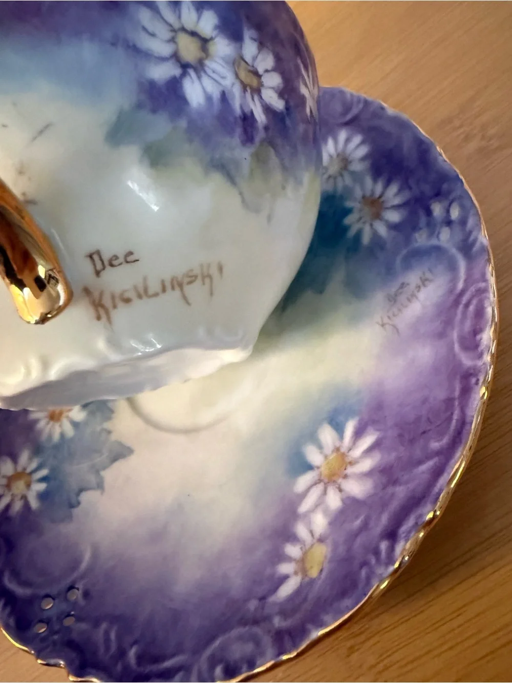 Purple Floral Tea Cup and Saucer with Gold Trim hand painted by Dee Kickinski